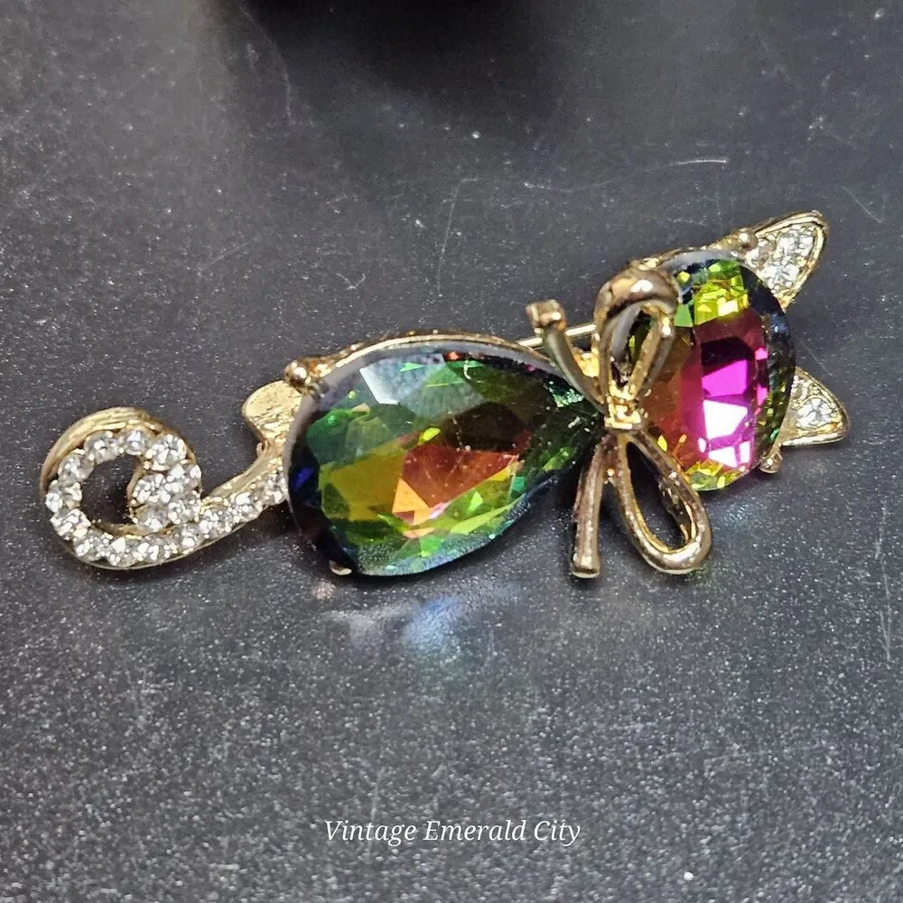 Goldtone Mr. Cat Bow Cyrstal Brooch Rhinestone Tail & Ears Iridescent Kitty Pin